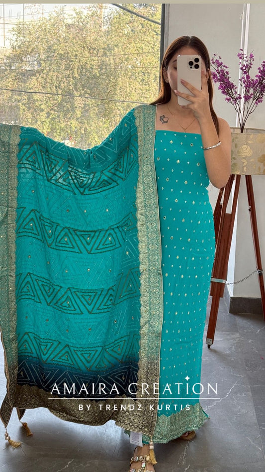 Premium Chinnon firozi Colour Unstitched Suit With Dual Shade Bandhni Chinnon Fabric Dupatta