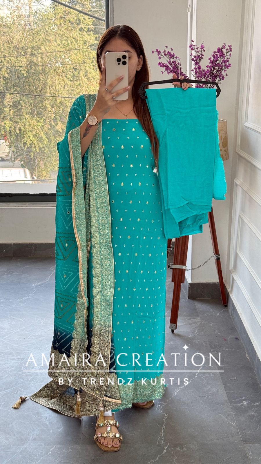 Premium Chinnon firozi Colour Unstitched Suit With Dual Shade Bandhni Chinnon Fabric Dupatta