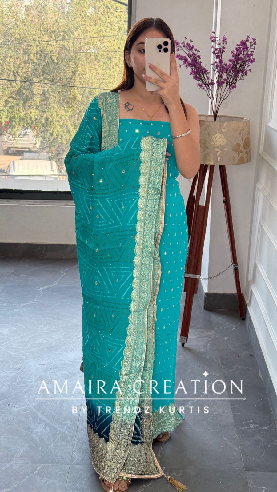 Premium Chinnon firozi Colour Unstitched Suit With Dual Shade Bandhni Chinnon Fabric Dupatta