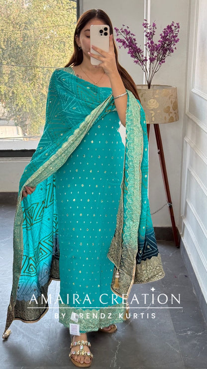 Premium Chinnon firozi Colour Unstitched Suit With Dual Shade Bandhni Chinnon Fabric Dupatta