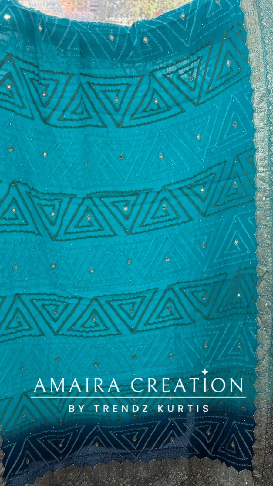 Premium Chinnon firozi Colour Unstitched Suit With Dual Shade Bandhni Chinnon Fabric Dupatta