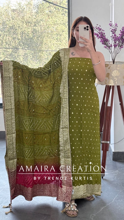 Premium Chinnon Mehendi Green Colour Unstitched Suit With Dual Shade Bandhni Chinnon Fabric Dupatta
