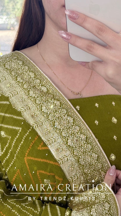 Premium Chinnon Mehendi Green Colour Unstitched Suit With Dual Shade Bandhni Chinnon Fabric Dupatta