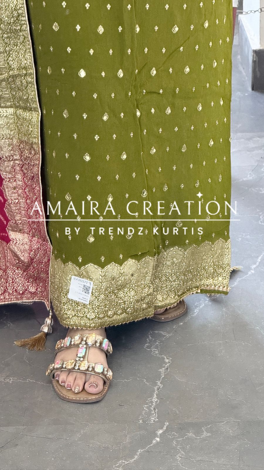 Premium Chinnon Mehendi Green Colour Unstitched Suit With Dual Shade Bandhni Chinnon Fabric Dupatta