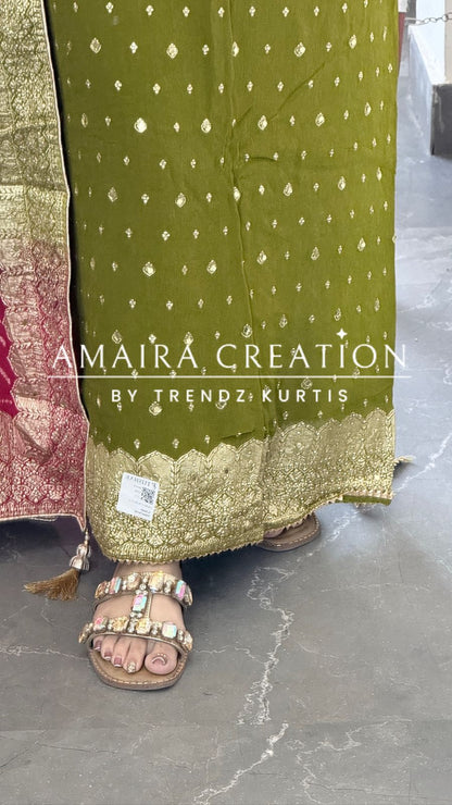Premium Chinnon Mehendi Green Colour Unstitched Suit With Dual Shade Bandhni Chinnon Fabric Dupatta