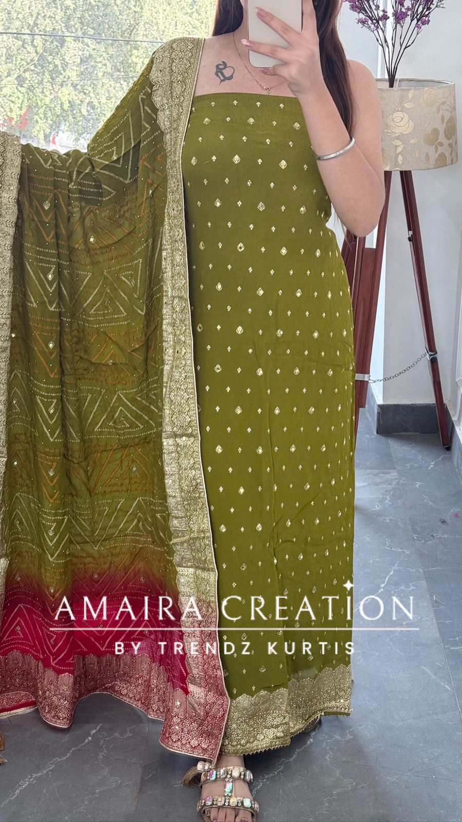 Premium Chinnon Mehendi Green Colour Unstitched Suit With Dual Shade Bandhni Chinnon Fabric Dupatta