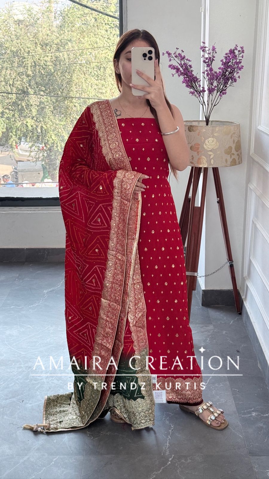 Premium Chinnon Red Colour Unstitched Suit With Dual Shade Bandhni Chinnon Fabric Dupatta