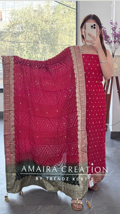 Premium Chinnon Red Colour Unstitched Suit With Dual Shade Bandhni Chinnon Fabric Dupatta