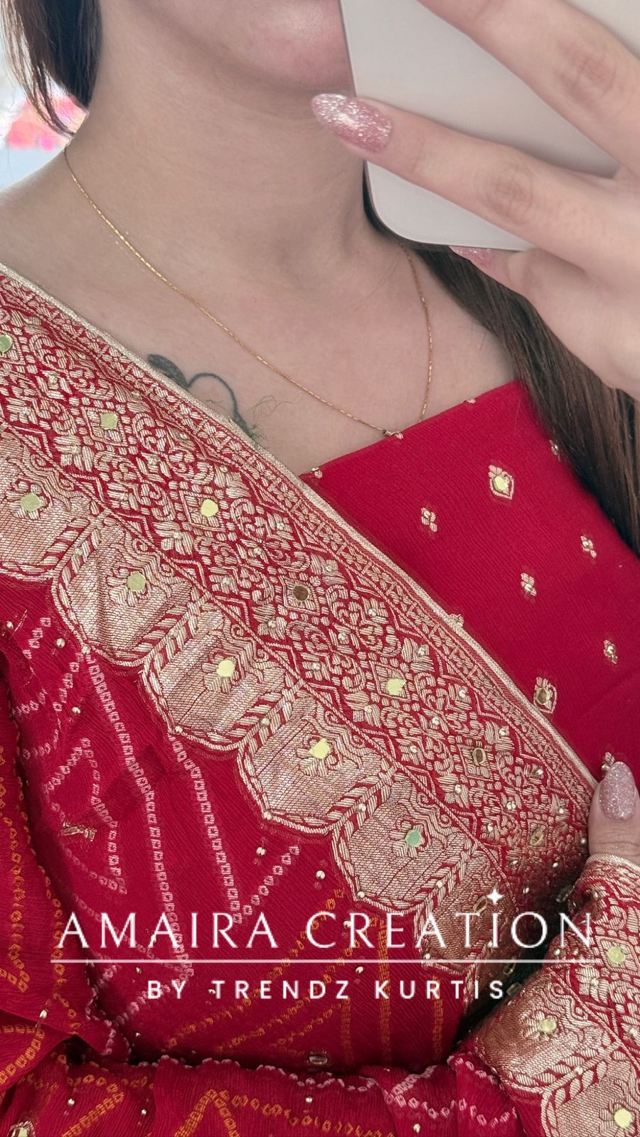 Premium Chinnon Red Colour Unstitched Suit With Dual Shade Bandhni Chinnon Fabric Dupatta