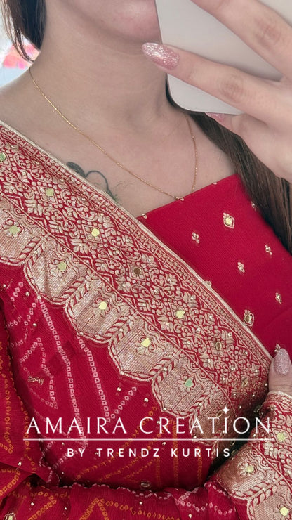 Premium Chinnon Red Colour Unstitched Suit With Dual Shade Bandhni Chinnon Fabric Dupatta