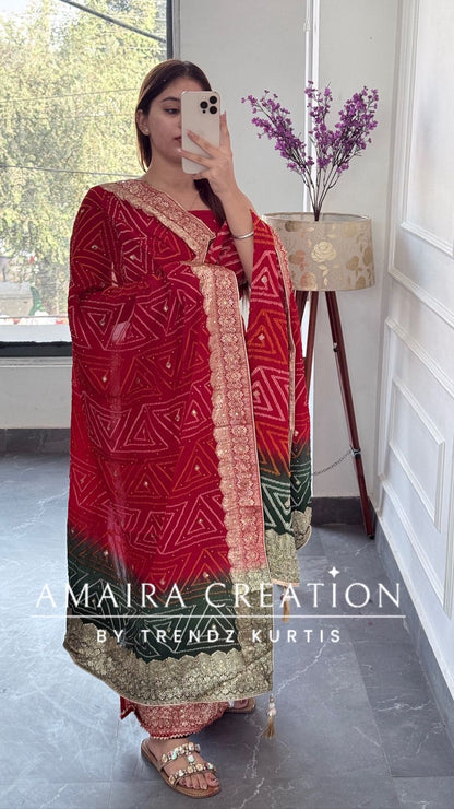 Premium Chinnon Red Colour Unstitched Suit With Dual Shade Bandhni Chinnon Fabric Dupatta