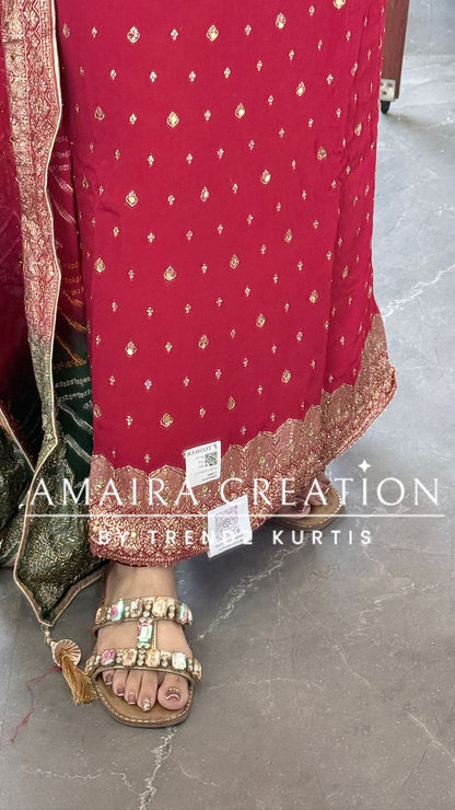 Premium Chinnon Red Colour Unstitched Suit With Dual Shade Bandhni Chinnon Fabric Dupatta