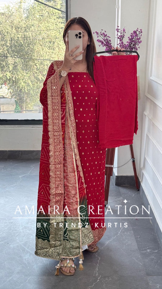 Premium Chinnon Red Colour Unstitched Suit With Dual Shade Bandhni Chinnon Fabric Dupatta