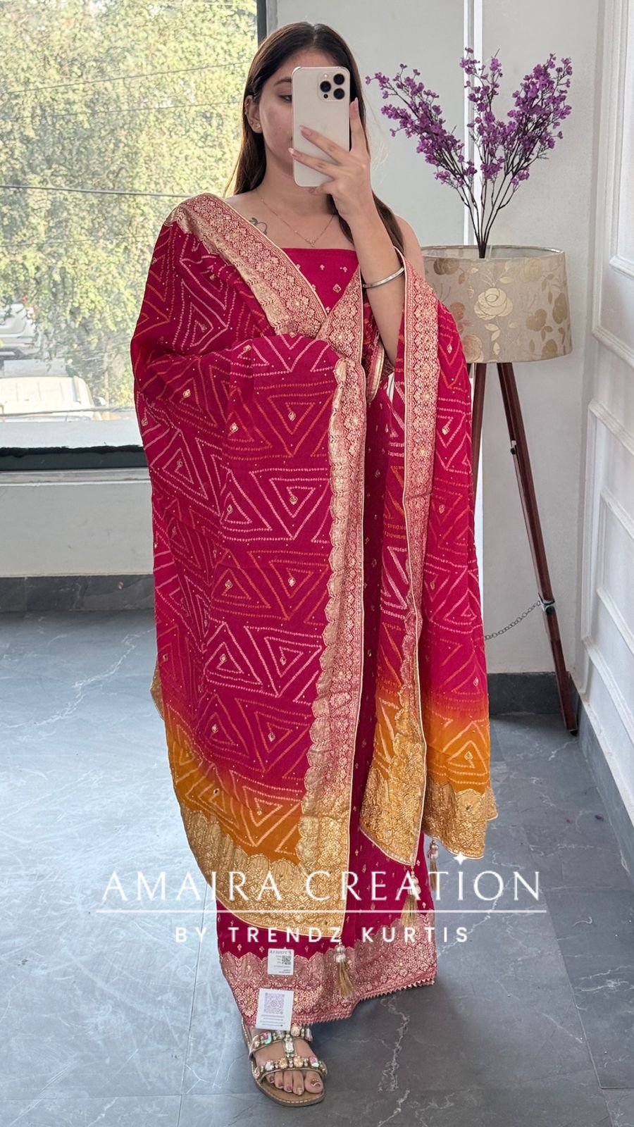 Premium Chinnon Pink Colour Unstitched Suit With Dual Shade Bandhni Chinnon Fabric Dupatta