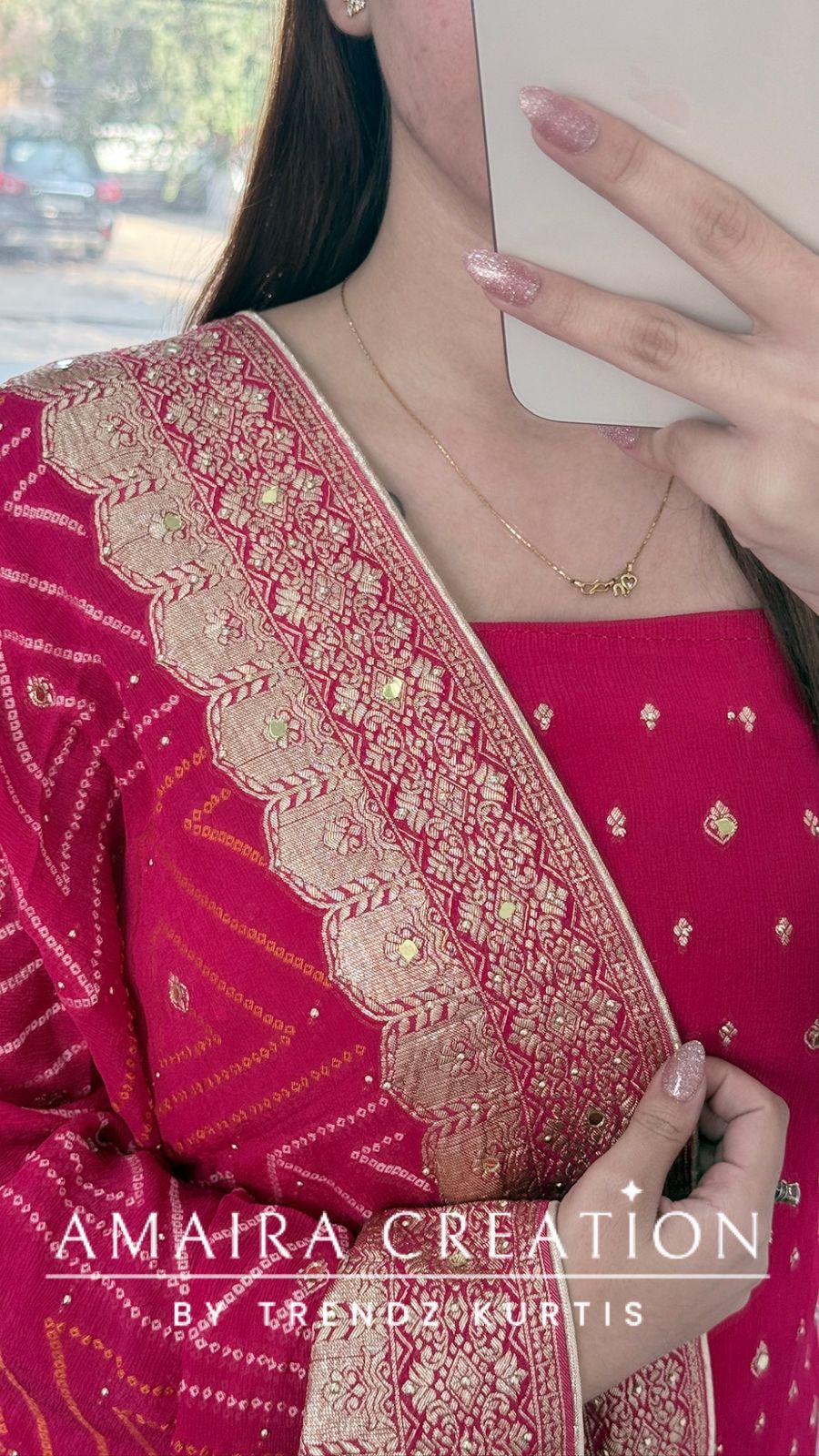 Premium Chinnon Pink Colour Unstitched Suit With Dual Shade Bandhni Chinnon Fabric Dupatta