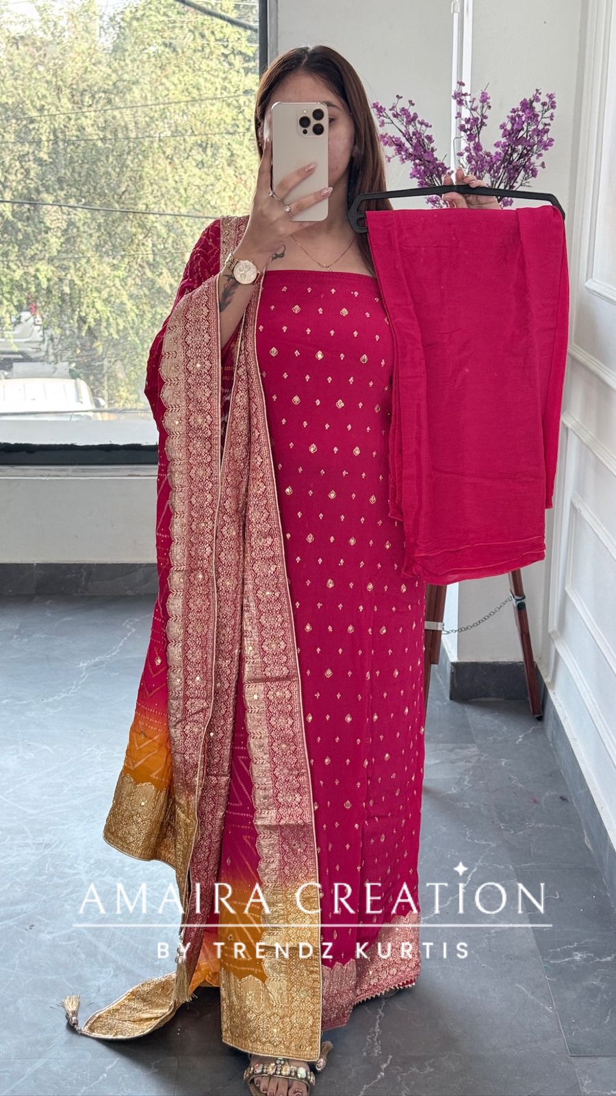 Premium Chinnon Pink Colour Unstitched Suit With Dual Shade Bandhni Chinnon Fabric Dupatta