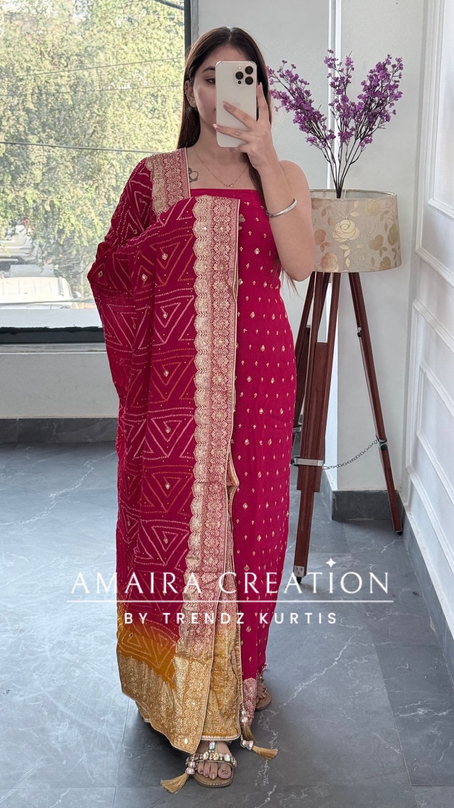 Premium Chinnon Pink Colour Unstitched Suit With Dual Shade Bandhni Chinnon Fabric Dupatta