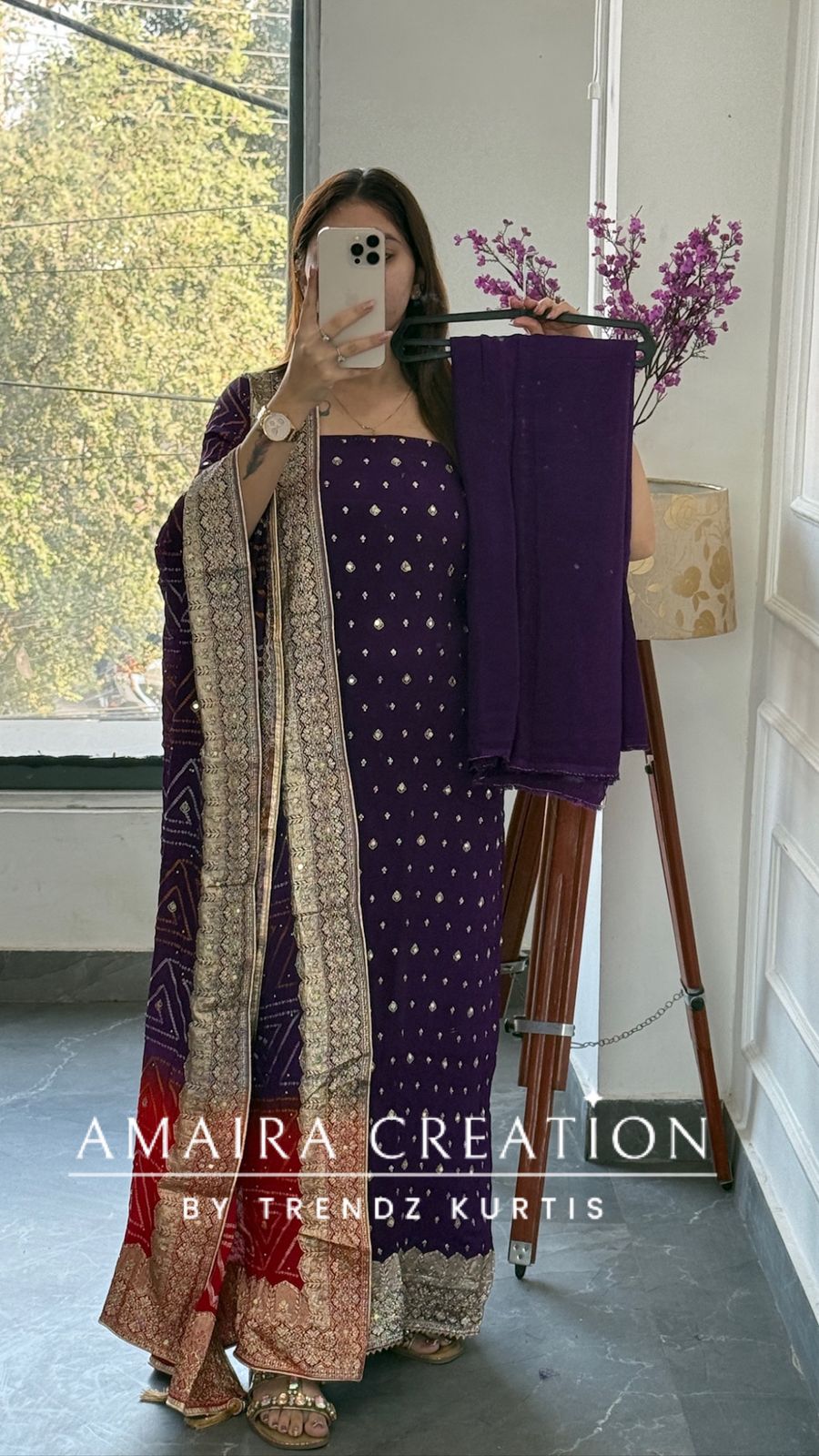 Premium Chinnon Purple Colour Unstitched Suit With Dual Shade Bandhni Chinnon Fabric Dupatta