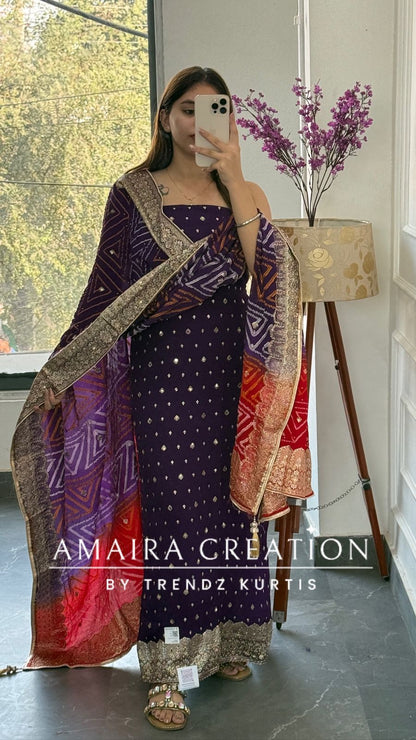 Premium Chinnon Purple Colour Unstitched Suit With Dual Shade Bandhni Chinnon Fabric Dupatta