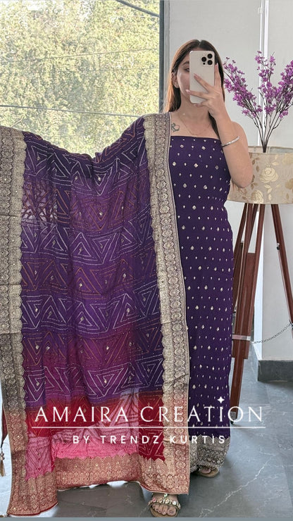 Premium Chinnon Purple Colour Unstitched Suit With Dual Shade Bandhni Chinnon Fabric Dupatta