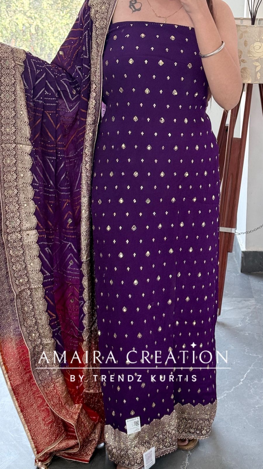 Premium Chinnon Purple Colour Unstitched Suit With Dual Shade Bandhni Chinnon Fabric Dupatta