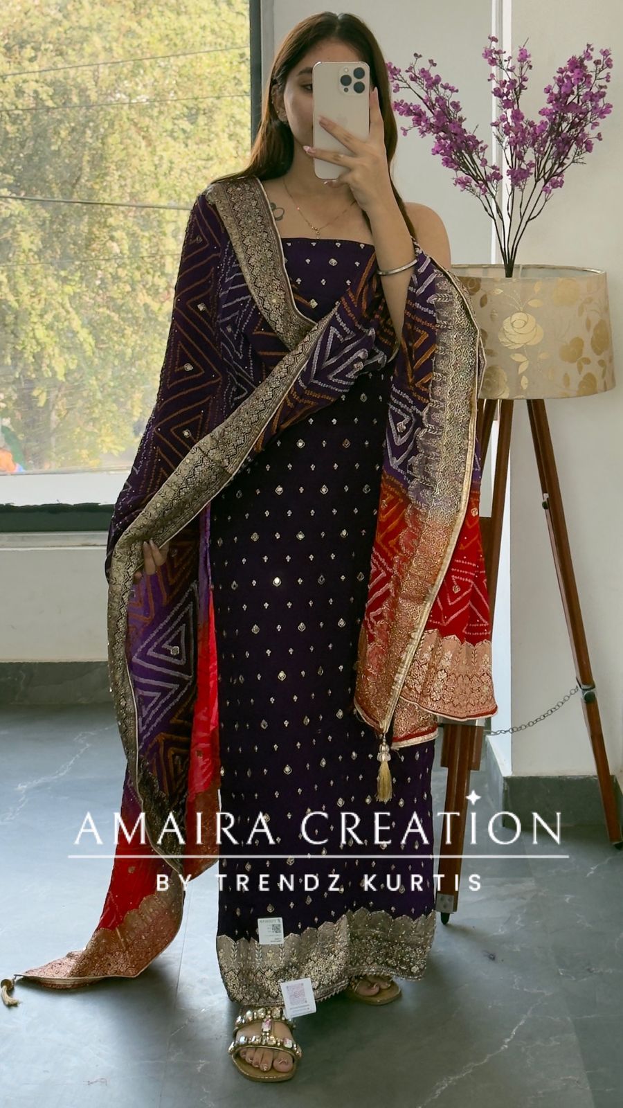 Premium Chinnon Purple Colour Unstitched Suit With Dual Shade Bandhni Chinnon Fabric Dupatta