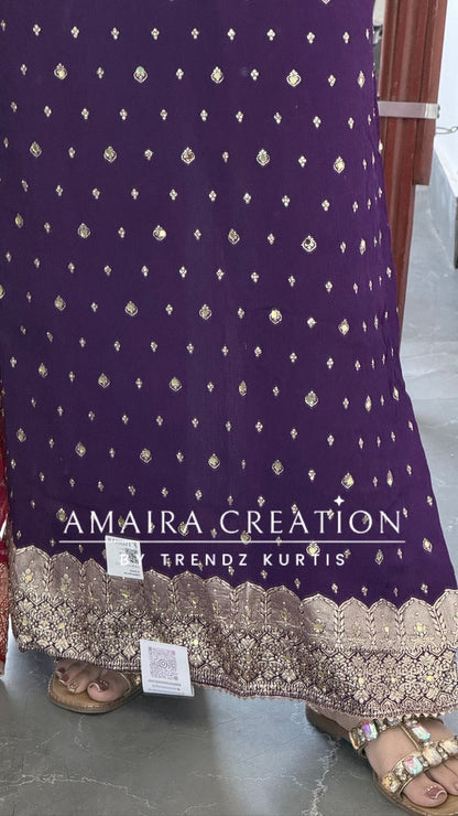 Premium Chinnon Purple Colour Unstitched Suit With Dual Shade Bandhni Chinnon Fabric Dupatta