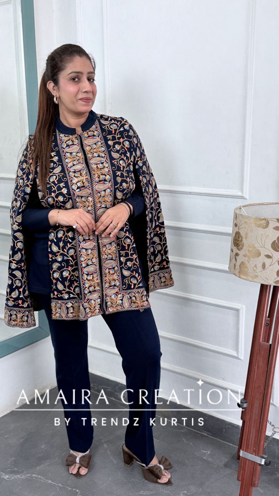 Premium Navy Blue Woolen Kashmiri Work Cape Pattern Cord Set