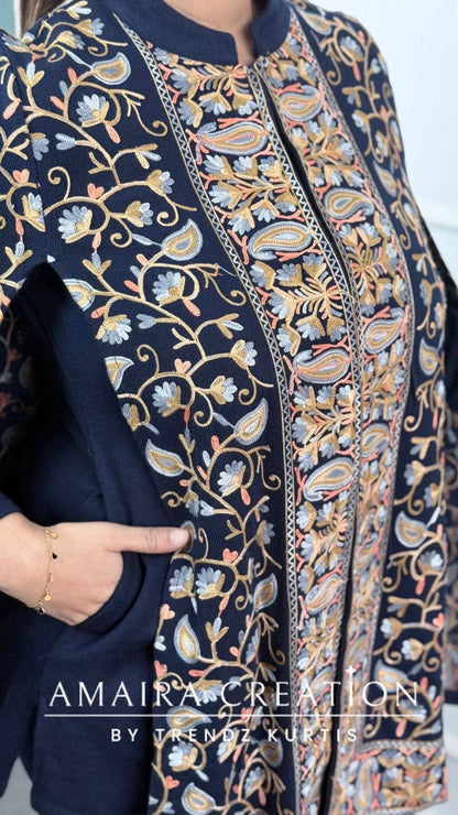 Premium Navy Blue Woolen Kashmiri Work Cape Pattern Cord Set