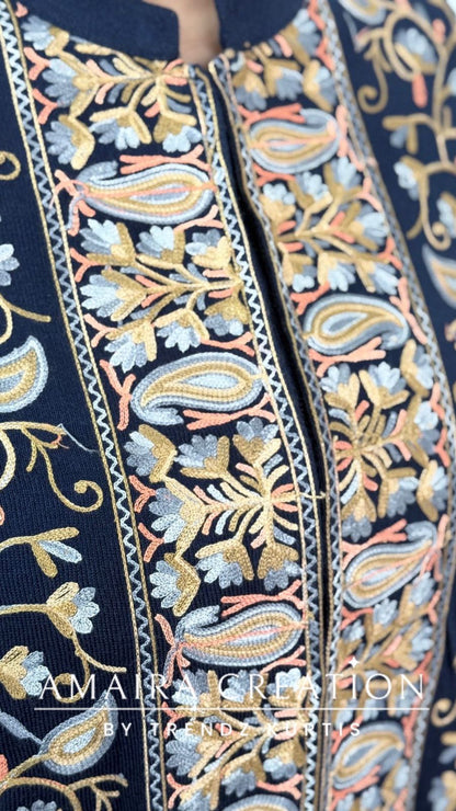 Premium Navy Blue Woolen Kashmiri Work Cape Pattern Cord Set