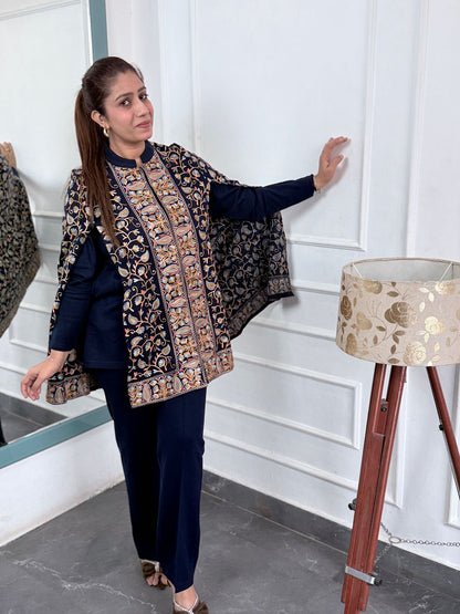 Premium Navy Blue Woolen Kashmiri Work Cape Pattern Cord Set