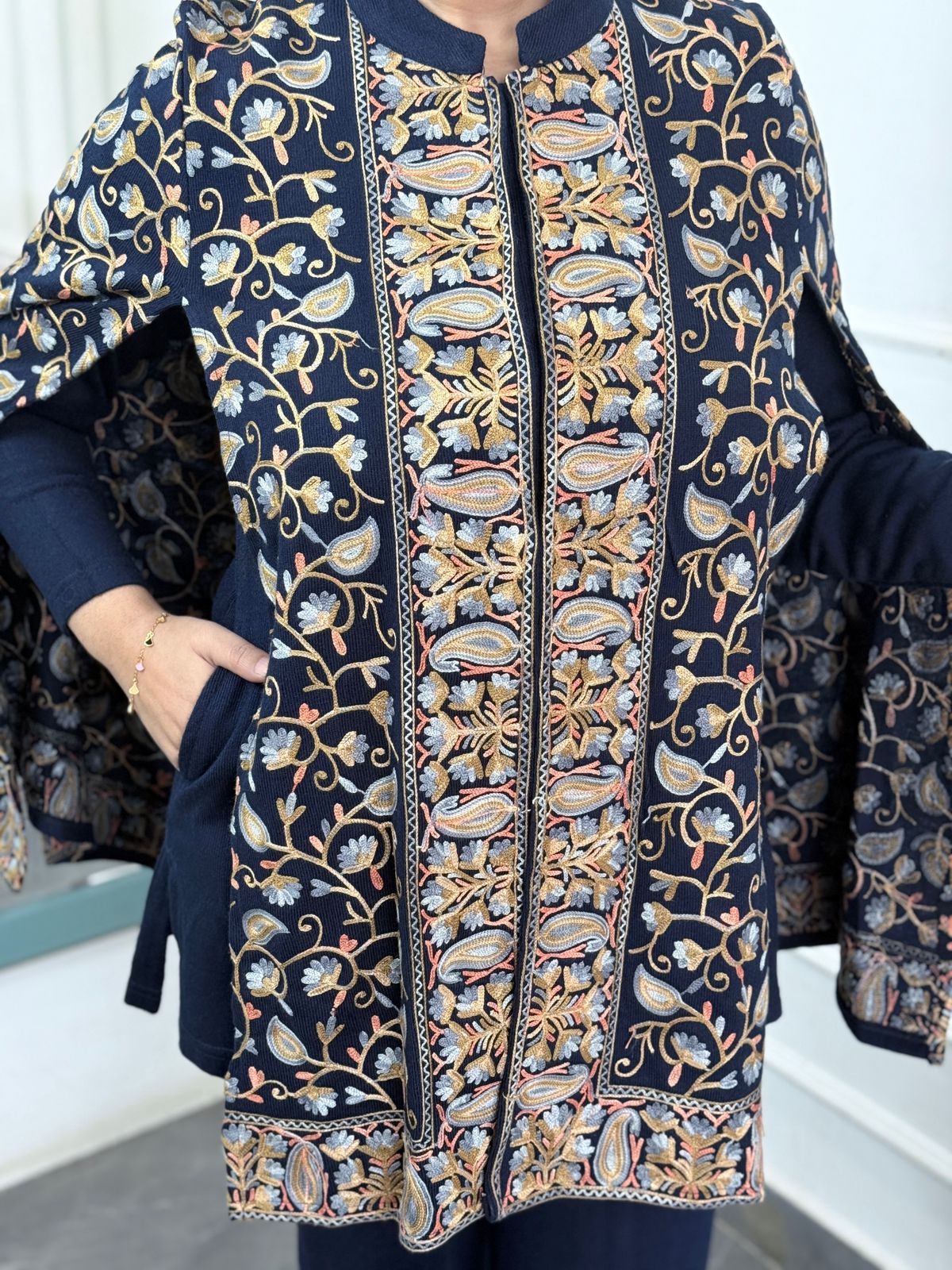 Premium Navy Blue Woolen Kashmiri Work Cape Pattern Cord Set