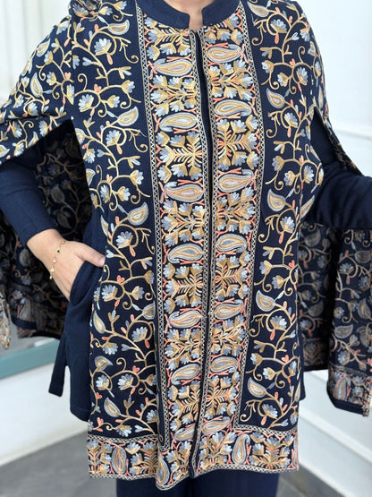 Premium Navy Blue Woolen Kashmiri Work Cape Pattern Cord Set