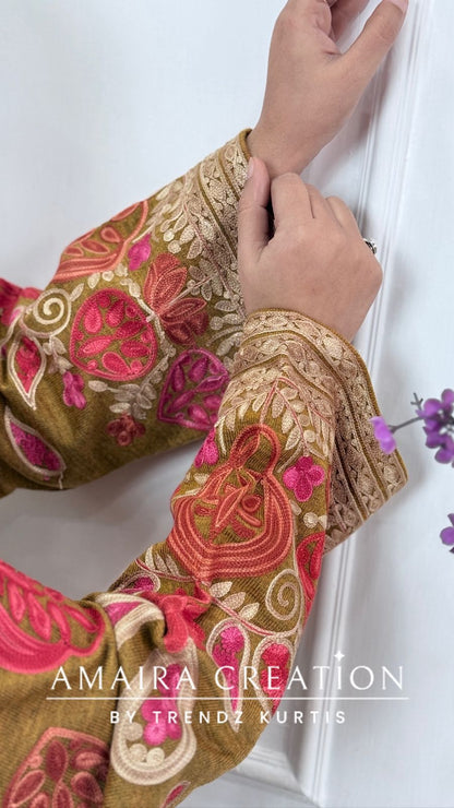 Premium Woolen Mustard Colour Kashmiri Work Pheran Set