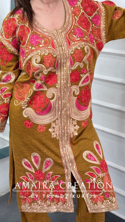Premium Woolen Mustard Colour Kashmiri Work Pheran Set