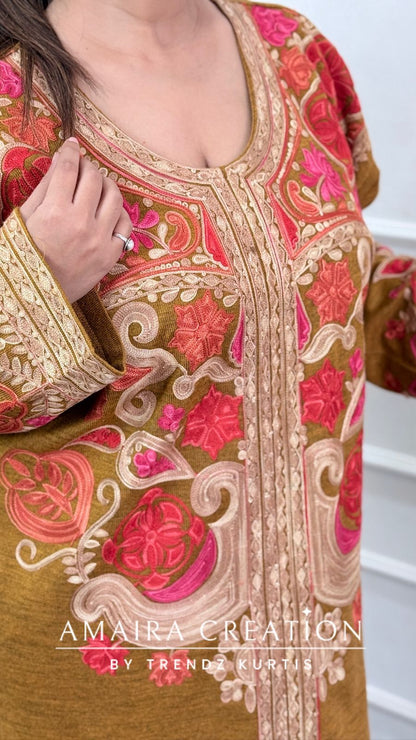 Premium Woolen Mustard Colour Kashmiri Work Pheran Set