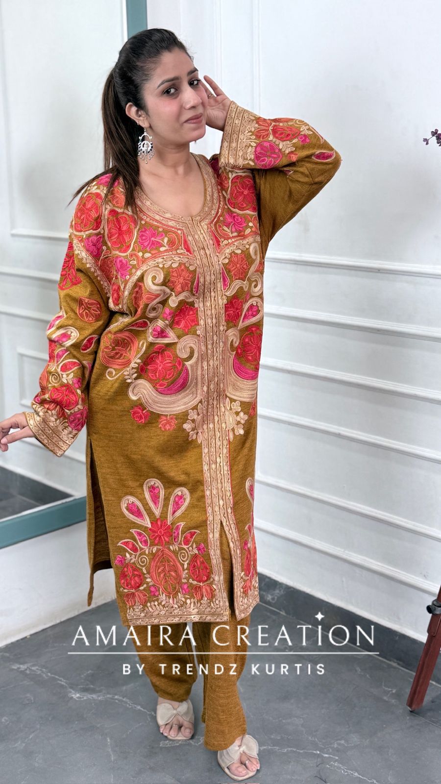 Premium Woolen Mustard Colour Kashmiri Work Pheran Set