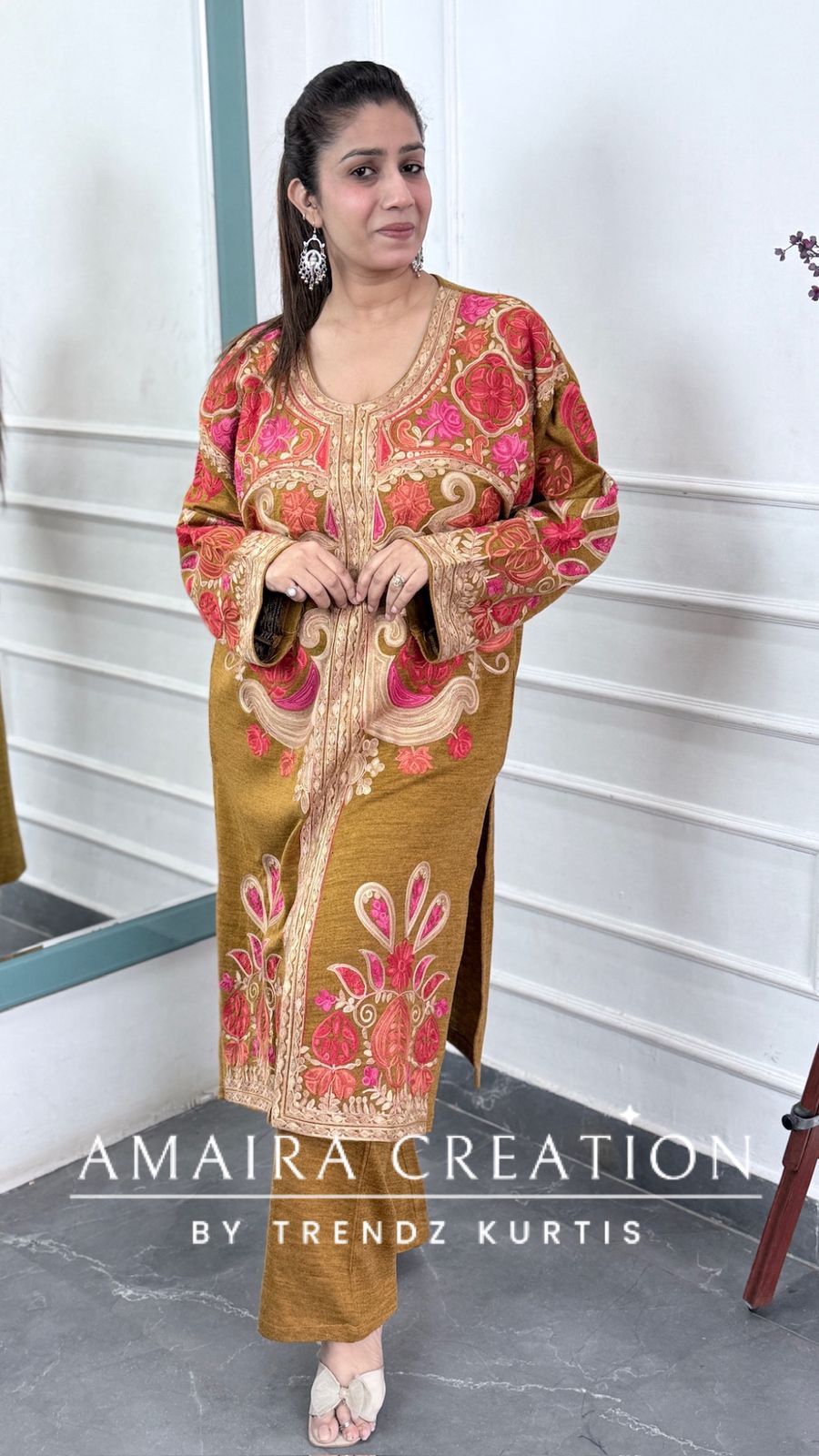 Premium Woolen Mustard Colour Kashmiri Work Pheran Set