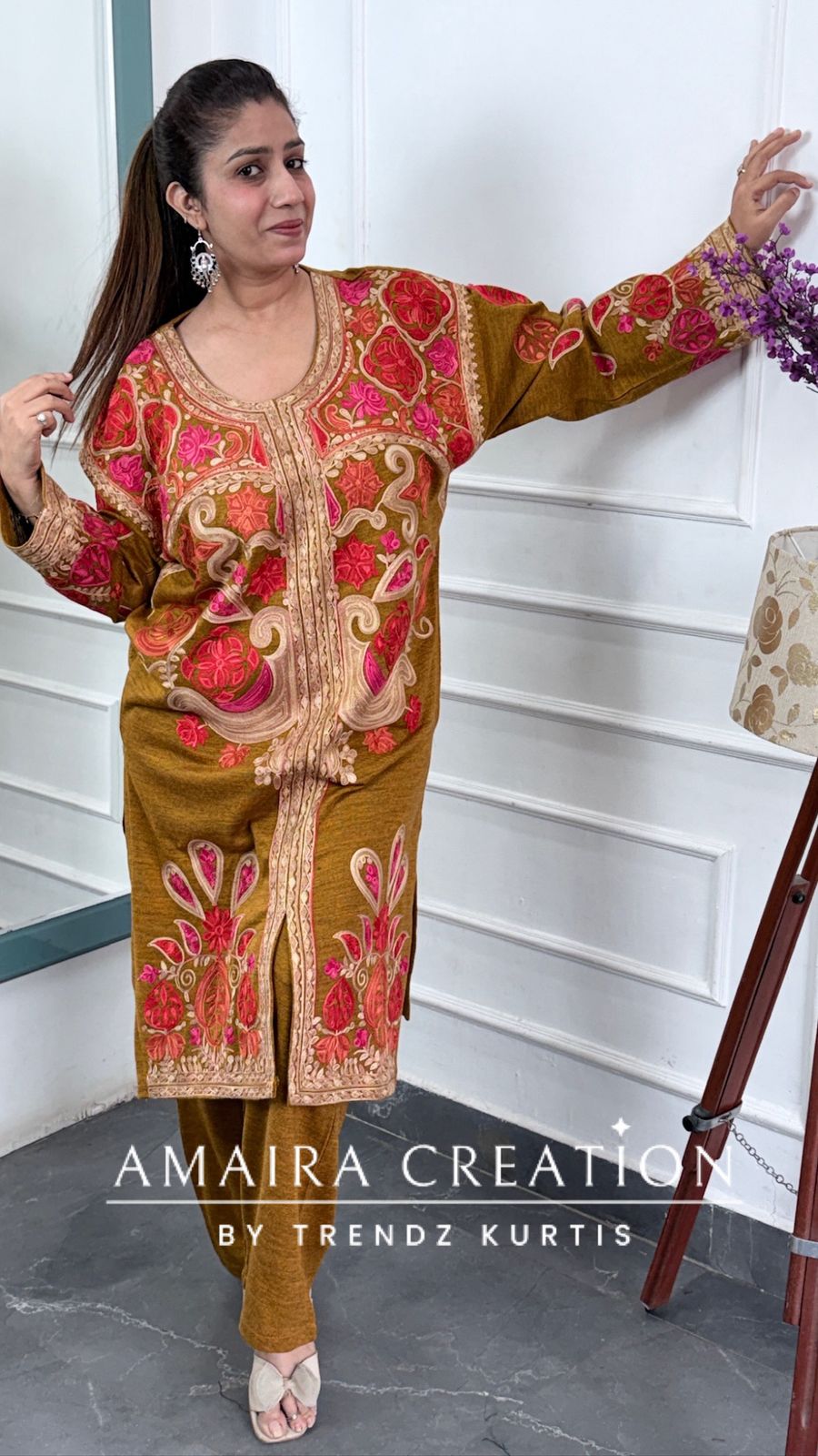 Premium Woolen Mustard Colour Kashmiri Work Pheran Set