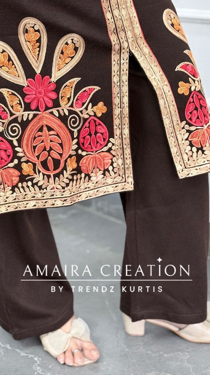 Premium Woolen Brown Colour Kashmiri Work Pheran Set