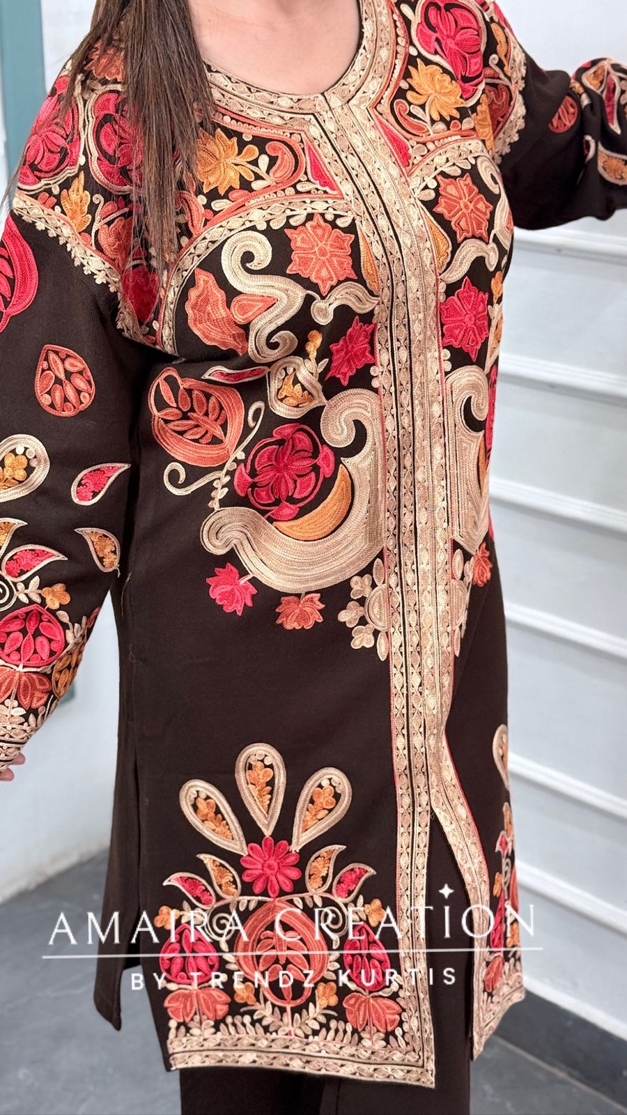 Premium Woolen Brown Colour Kashmiri Work Pheran Set