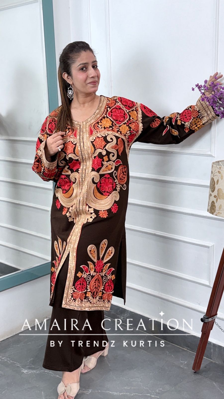 Premium Woolen Brown Colour Kashmiri Work Pheran Set