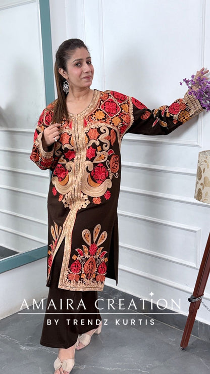 Premium Woolen Brown Colour Kashmiri Work Pheran Set