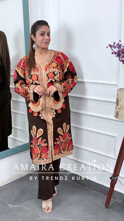 Premium Woolen Brown Colour Kashmiri Work Pheran Set