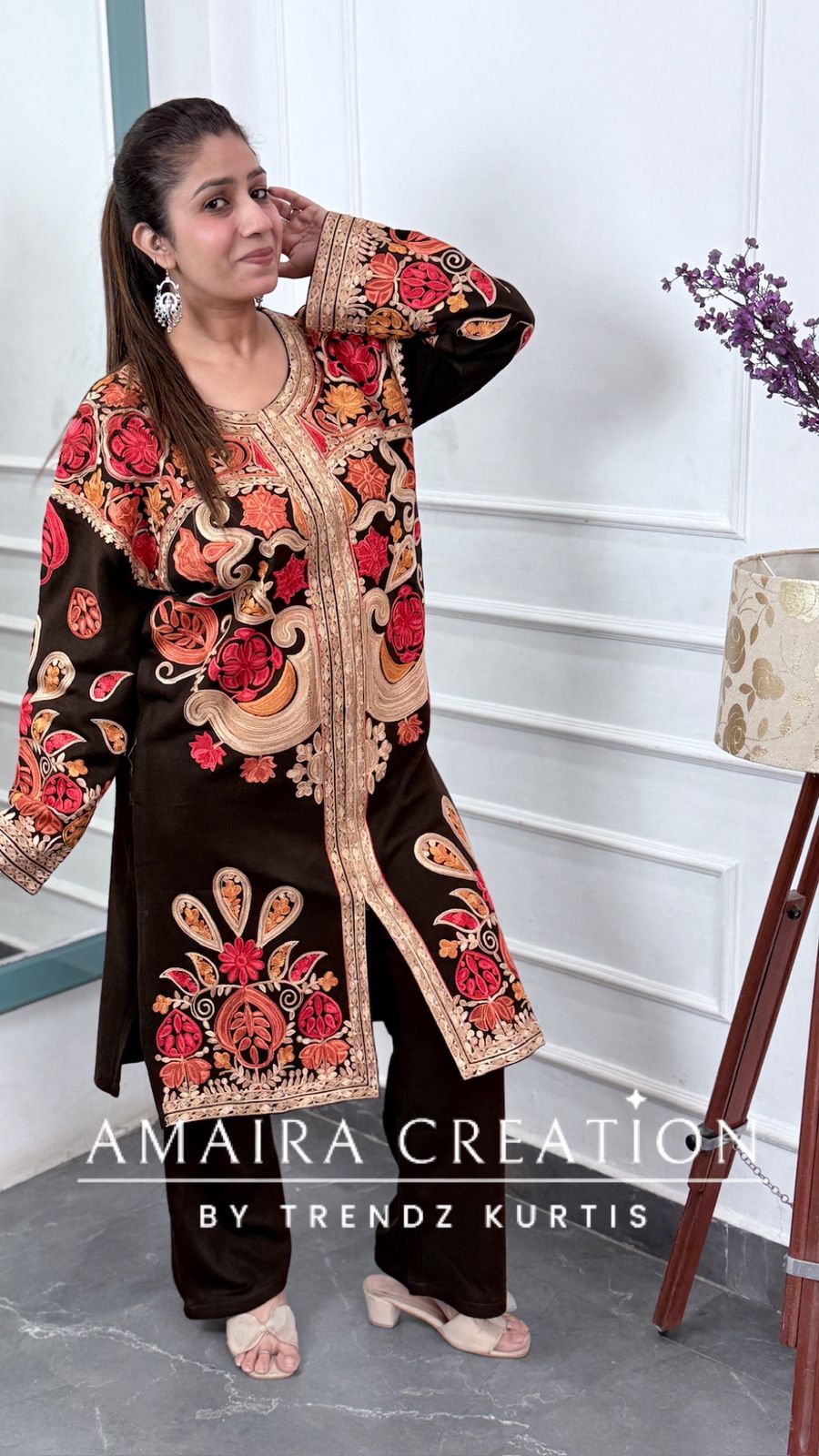 Premium Woolen Brown Colour Kashmiri Work Pheran Set