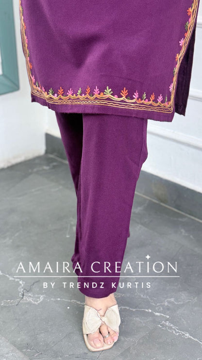 Premium Pashmina Woolen Wine Colour Beautiful Kashmiri Work Cord Set