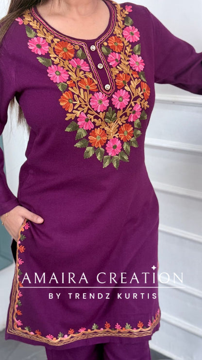 Premium Pashmina Woolen Wine Colour Beautiful Kashmiri Work Cord Set