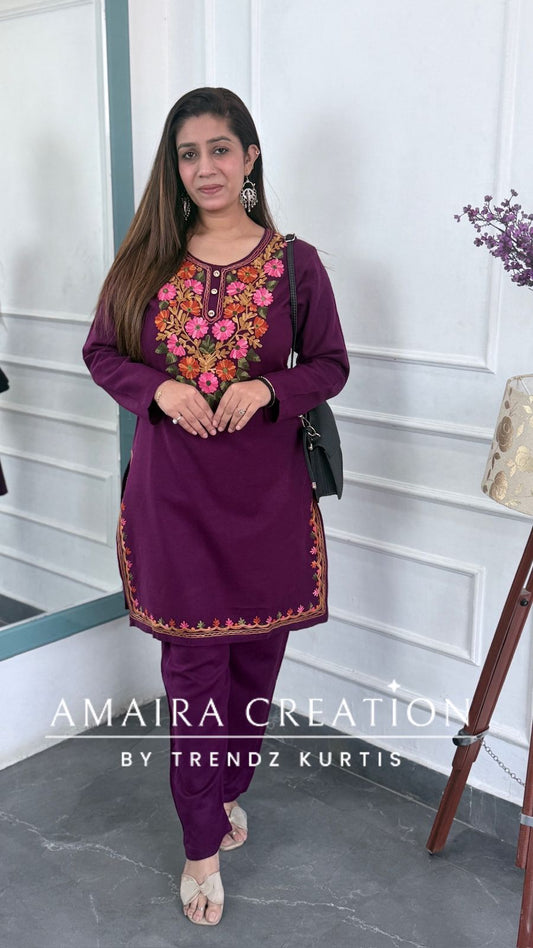 Premium Pashmina Woolen Wine Colour Beautiful Kashmiri Work Cord Set