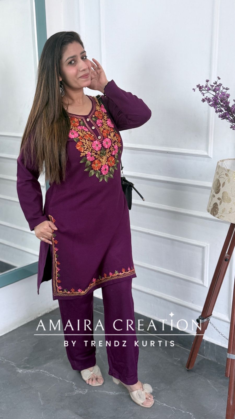 Premium Pashmina Woolen Wine Colour Beautiful Kashmiri Work Cord Set