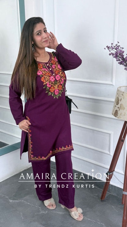 Premium Pashmina Woolen Wine Colour Beautiful Kashmiri Work Cord Set